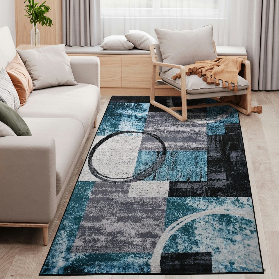image 1 of HOMCOM Large Blue Area Rug, Geometric Carpet for Living Room Bedroom, 160x230cm