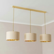 ValueLights Reni Natural & Gold Drum Shade 3 Drop Bar Gold Diner Ceiling Light with Bulbs Gold