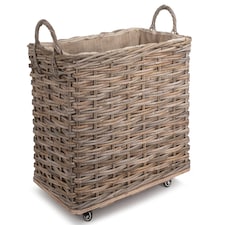 Small Wheeled Rattan Hessian Lined Log Basket