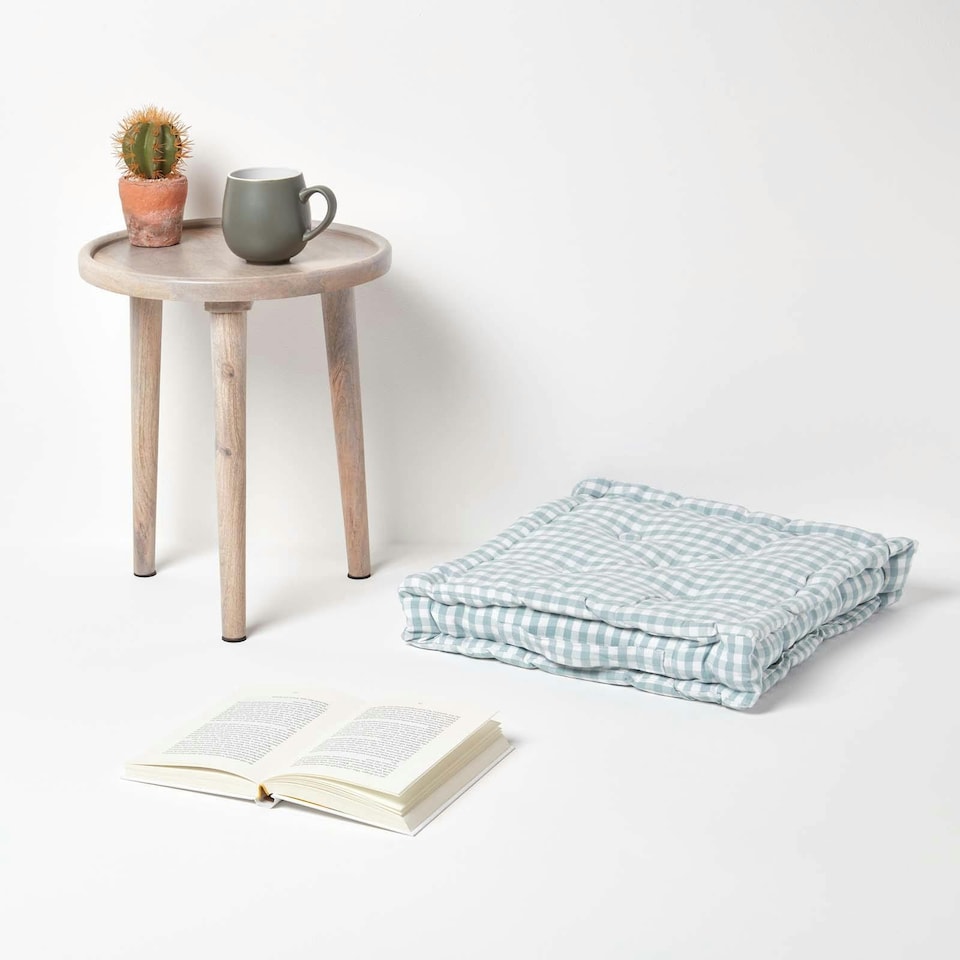 image 1 of Homescapes Cotton Gingham Check Blue Floor Cushion - 50 x 50 cm | Blue | 50 x 50 cm