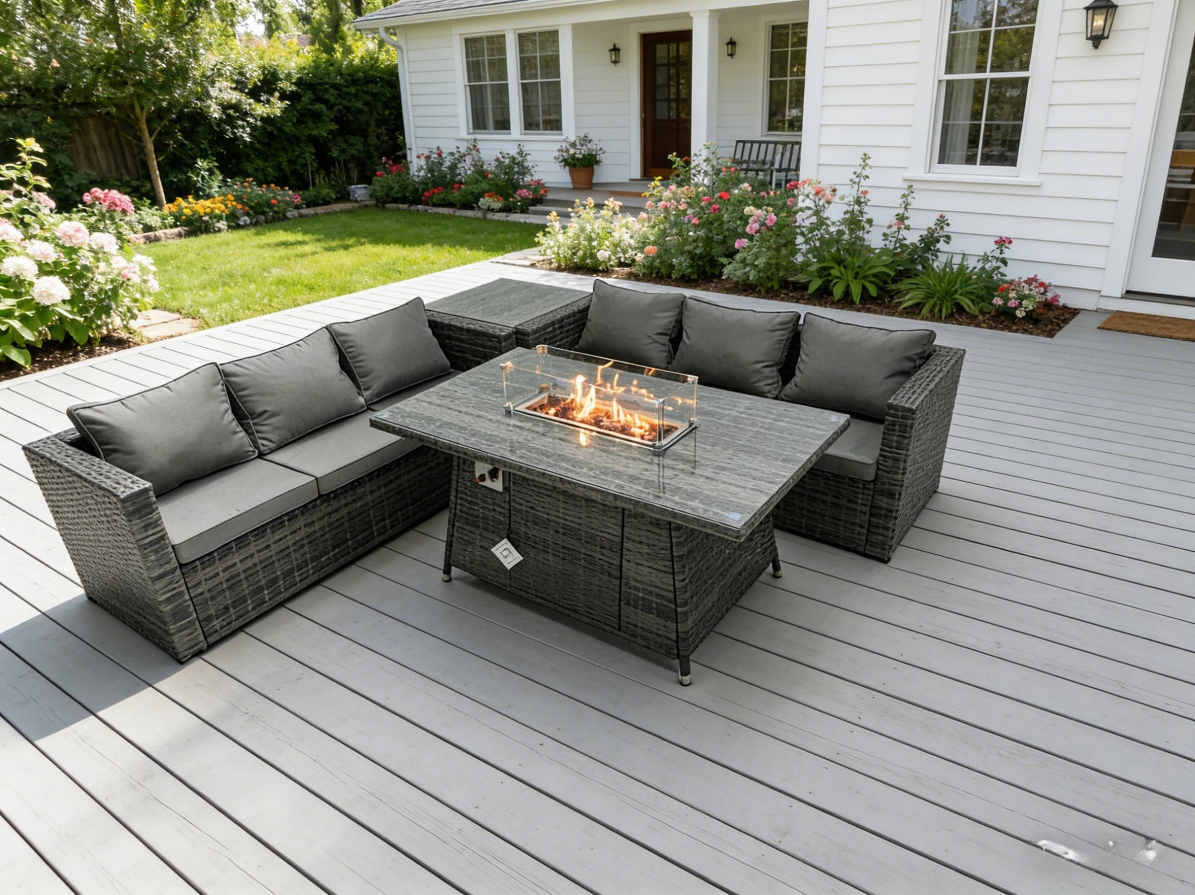 Fimous Outdoor Rattan Garden Furniture Gas Fire Pit Dining Table Sets Gas Heater Side table Dark Mixed Grey 6 Seater