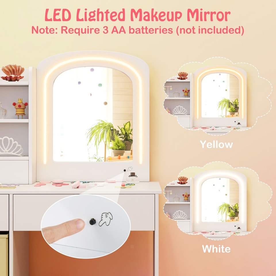 image 1 of COSTWAY Kids Vanity Set Princess Makeup Desk and Chair White