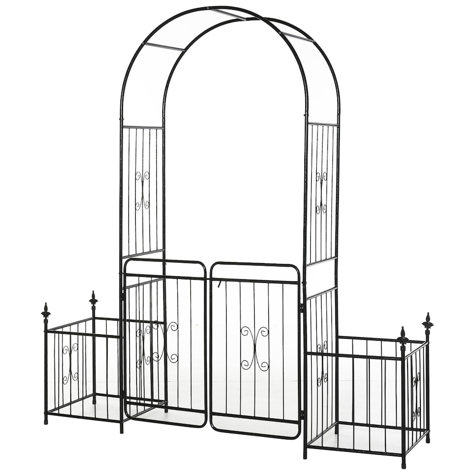 image 1 of Outsunny Metal Garden Arbor Arch Gate w/ 2 Side Planter Boxes & Vine Frame | Black