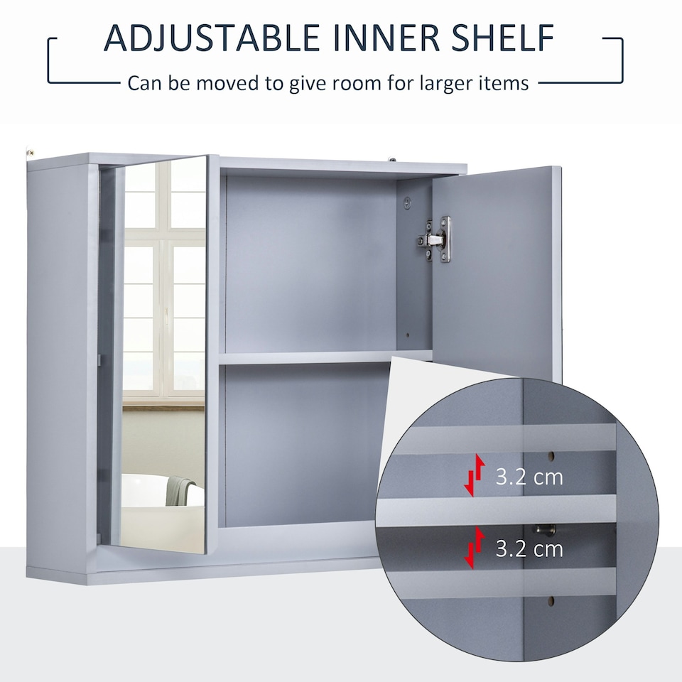 image 1 of HOMCOM Wall Mounted Mirror Cabinet with Storage Shelf Bathroom Cupboard Grey