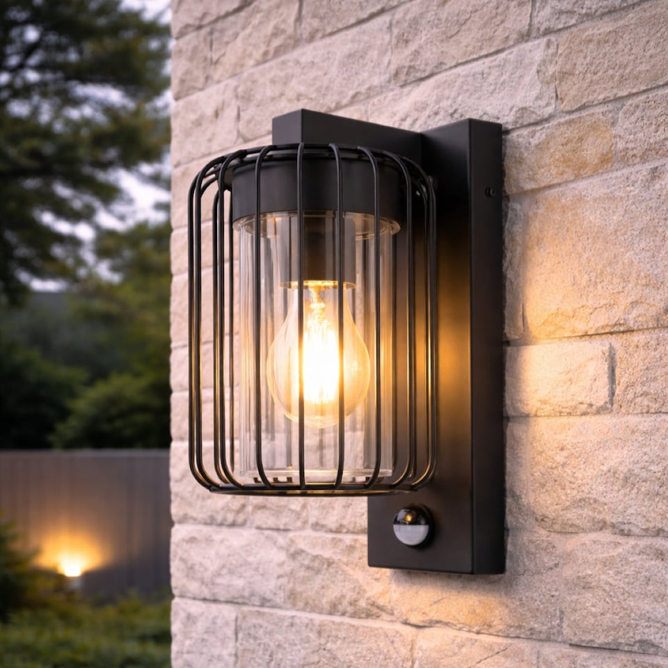image 1 of CGC Alvin PIR Motion Sensor Black Outdoor Stainless Steel Cage Wall Lantern Light IP54