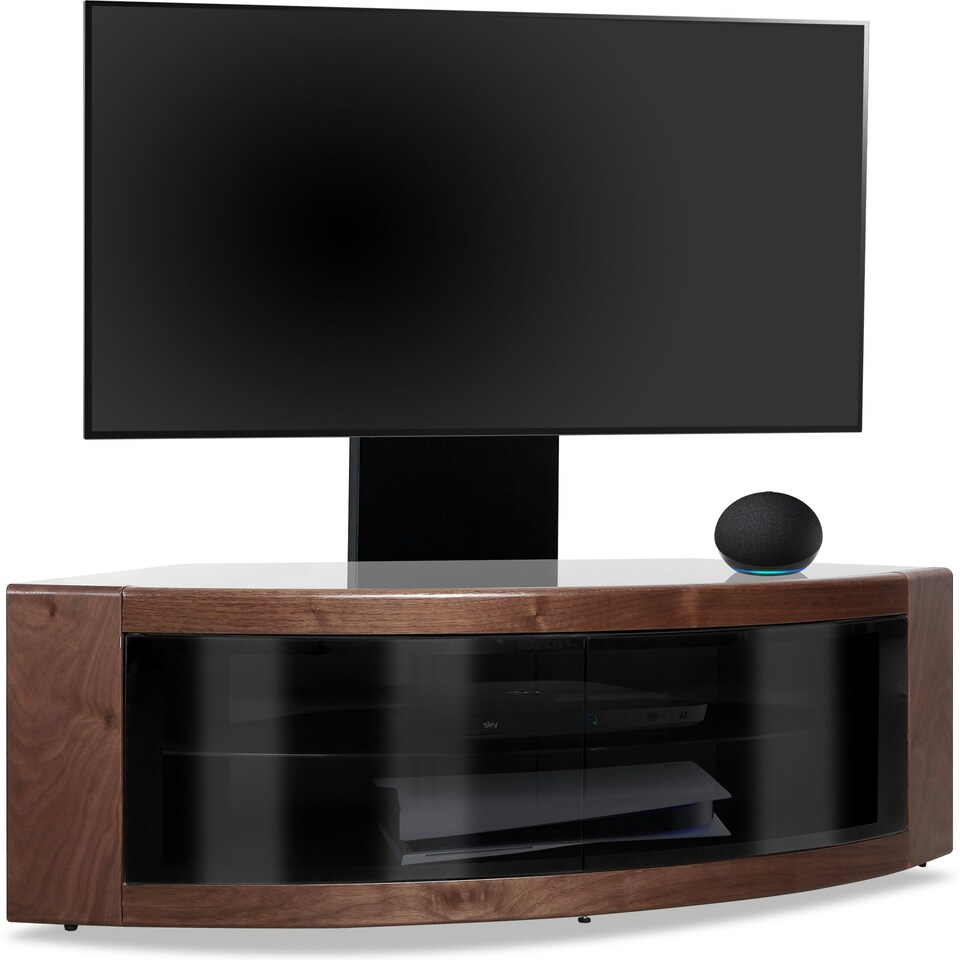 image 1 of Centurion Supports PANGEA Black/Walnut Beam-Thru Curved True-Corner 32"-50" TV Cabinet with Mounting Arm Black | Walnut
