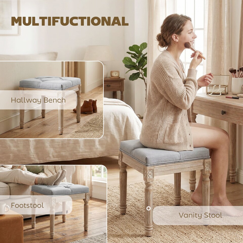 image 1 of HOMCOM Vintage Foot Stool with Wood Legs, Light Grey | Grey | Light Grey