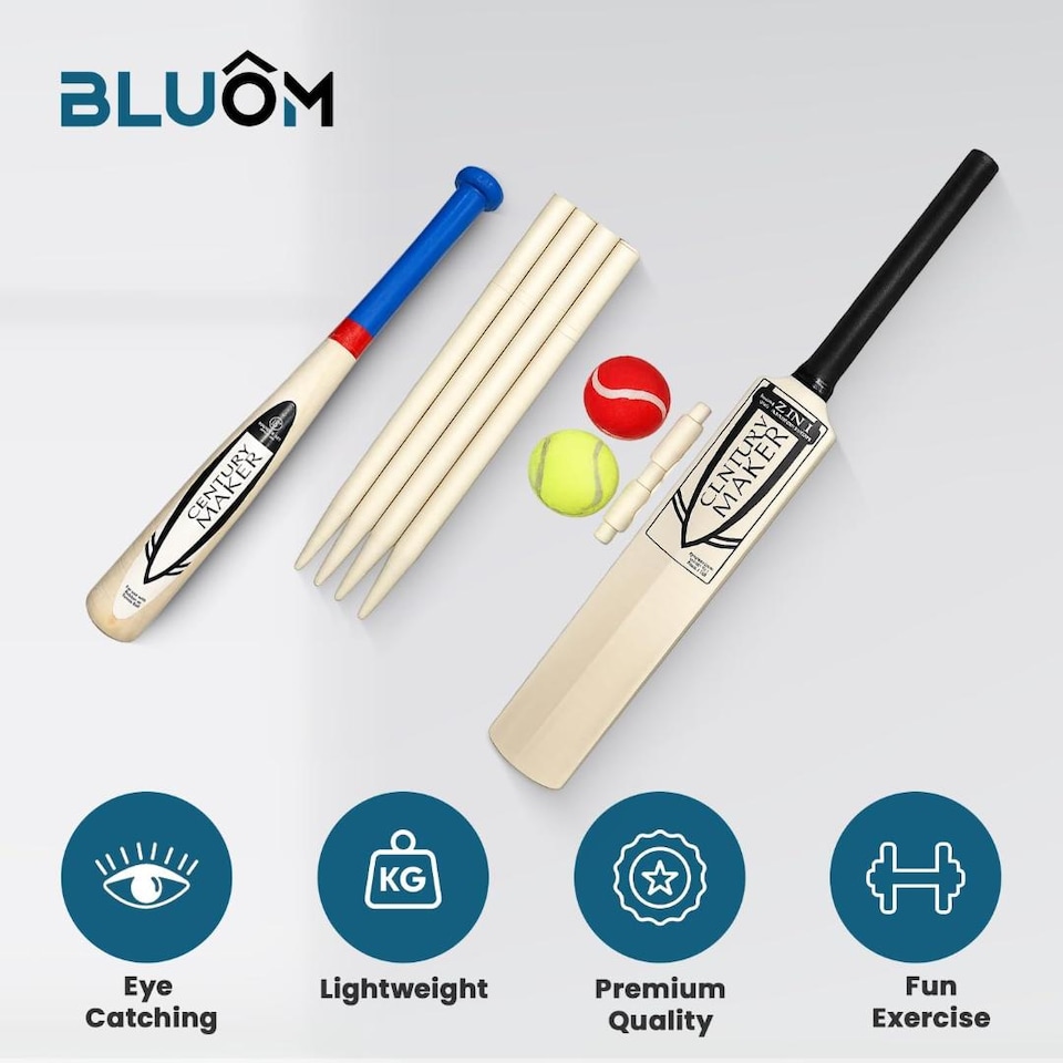image 1 of BLUOM 2 in 1 Size 3 Cricket Set And Rounder Set With Mesh Carry Bag Outdoor Garden Games Fun