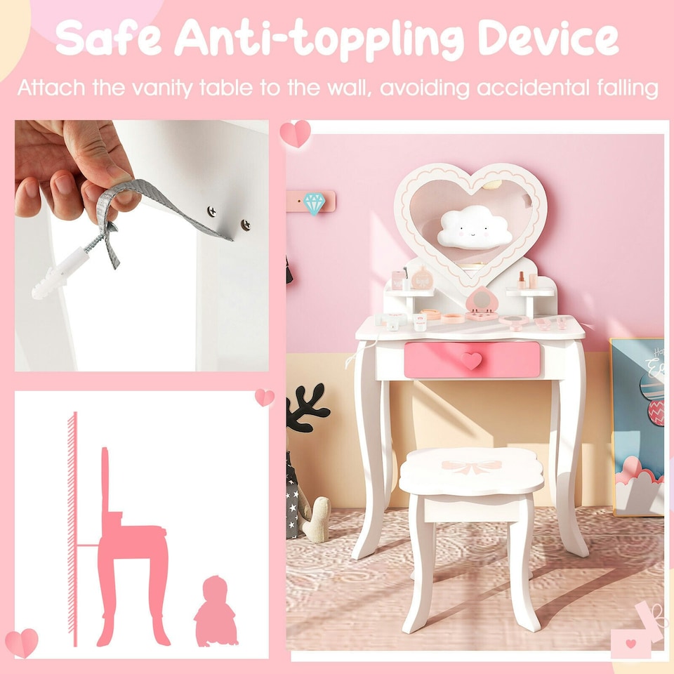 image 1 of COSTWAY 2-in-1 Kids Vanity Set Makeup Table & Chair Set
