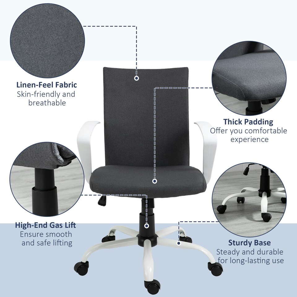 image 1 of Vinsetto Home Office Linen Chair Swivel Computer Desk Task Chair, Dark Grey