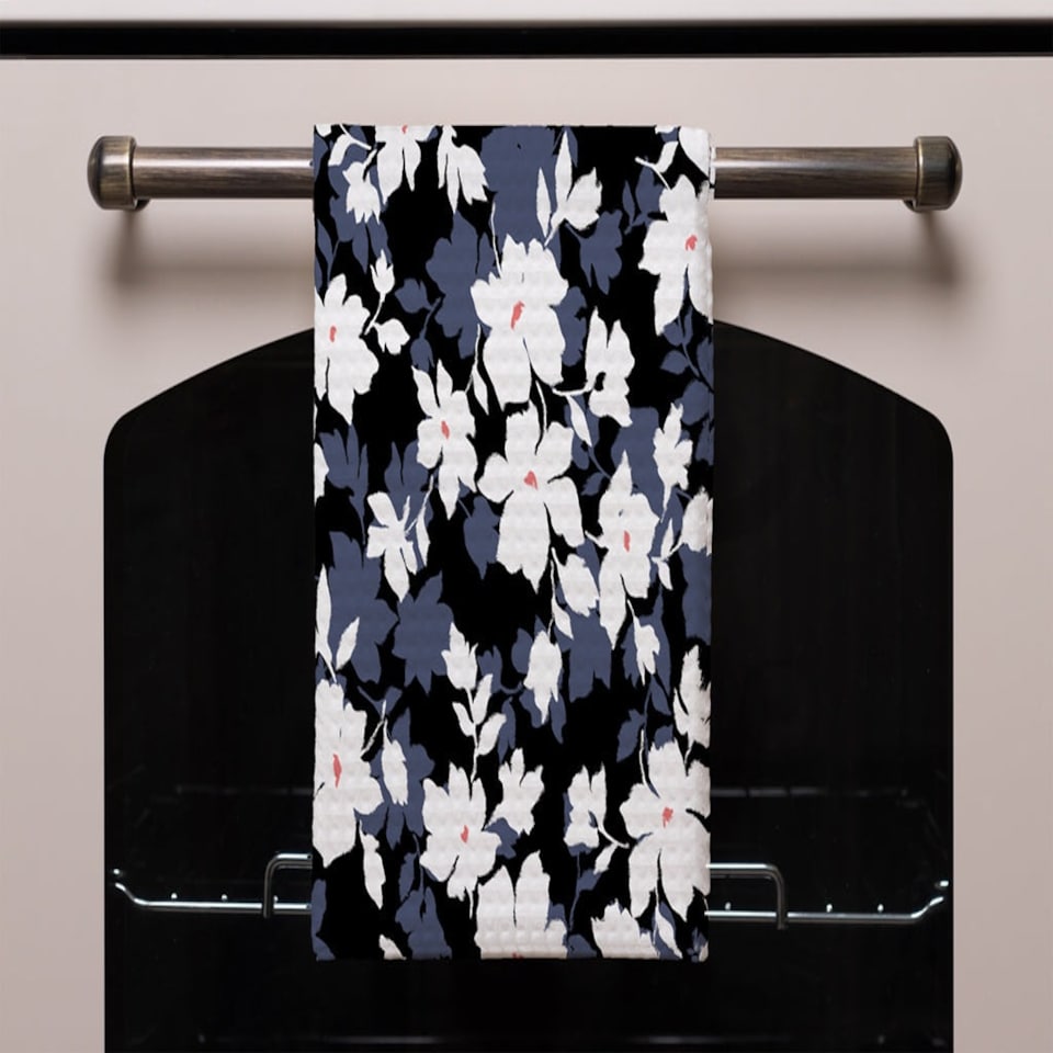image 1 of White, Black & Purple Flowers (Kitchen Towel)