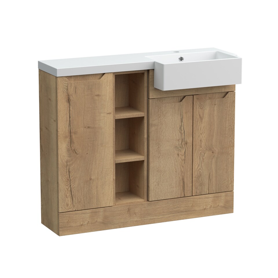 image 1 of Balterley Teddesley Floor Standing Compact 3 Door Combination Vanity Basin Unit with Open Shelves and Basin, 1000mm, Right Hand, Autumn Oak