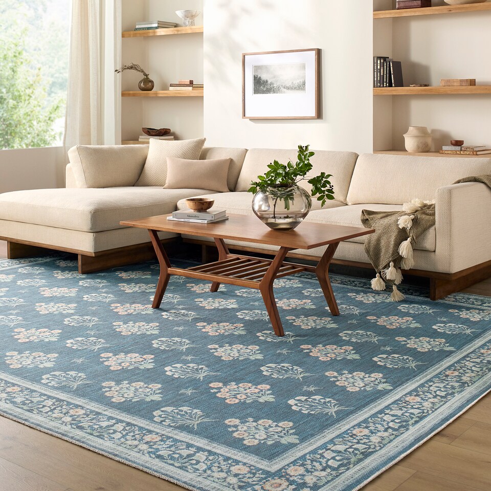 image 1 of LIVABLISS Thistle-Washable Modern Floral Rug 200 x 275 cm | Blue Green Beige