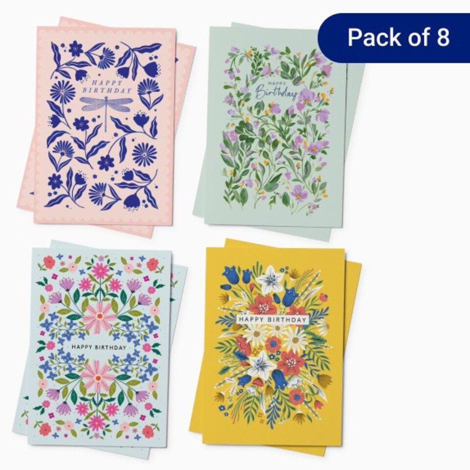 image 1 of Floral Birthday Card Pack – Box of 8 (4 Designs)