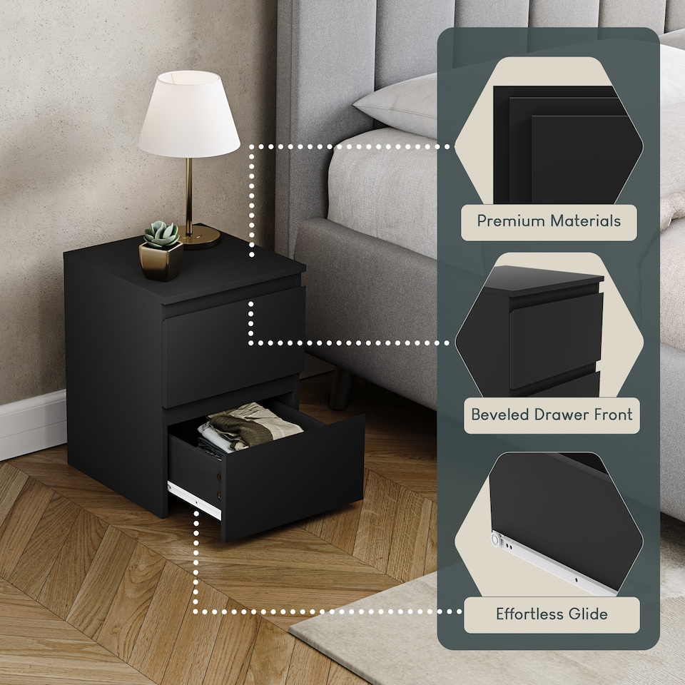 image 1 of Vida Designs Denver 2 Drawer Chest of Drawer Bedside Cabinet Nightstand Units Set of 2 - Black