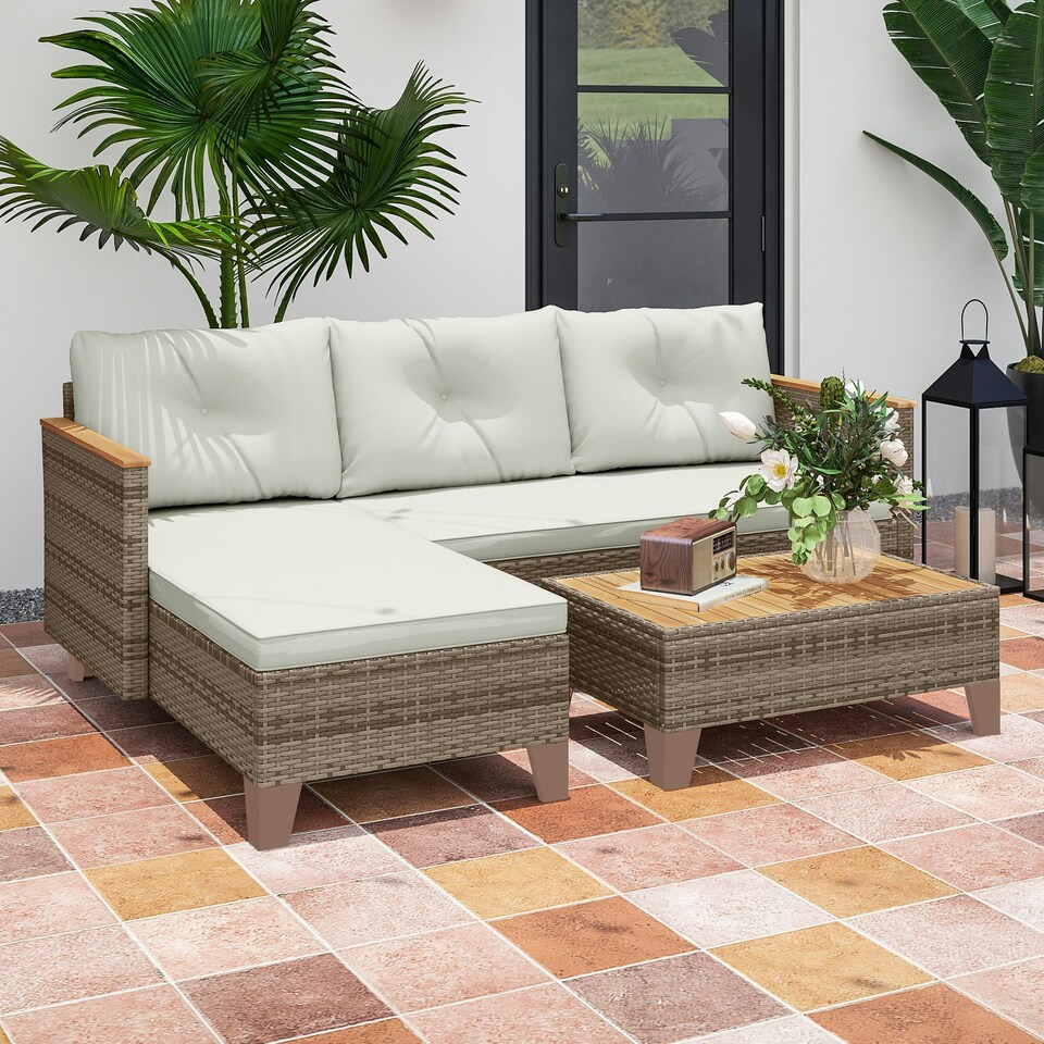 image 1 of Outsunny L Shaped Garden Conversation Chaise Lounge Furniture, Cream