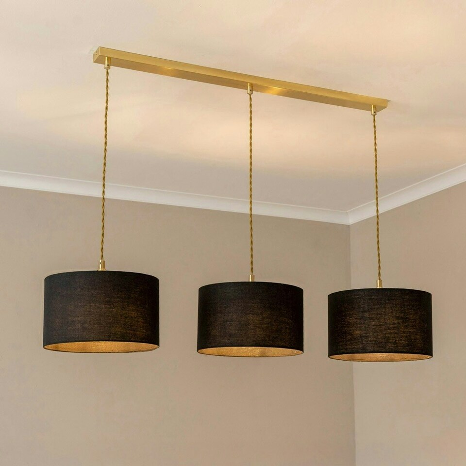 image 1 of ValueLights Reni Black Drum Shade 3 Drop Bar Gold Diner Ceiling Pendant Light with Bulbs Gold