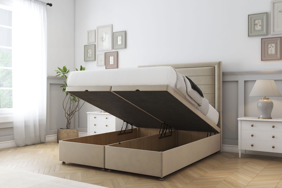 image 1 of Sloomy Ashford Almond Coniston Ottoman Bed With Mattress With 54" Floor Standing Headboard 4' Small Double