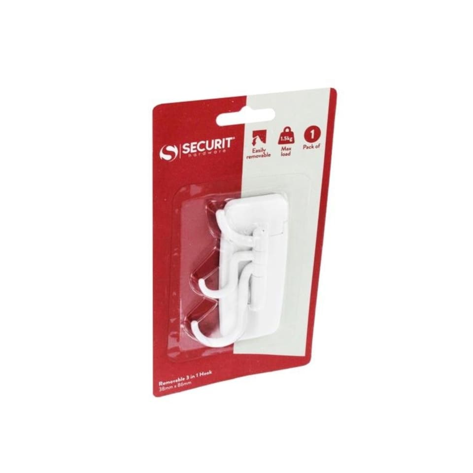 Securit 3 in 1 Stick On Hook - White - One Size