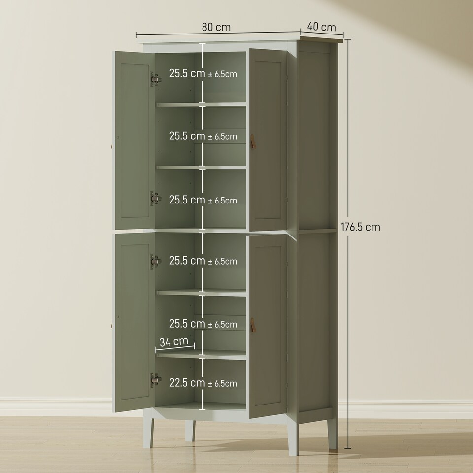 image 1 of HOMCOM 176.5 cm Tall Freestanding Pantry Storage Cabinet with 4 Doors Green