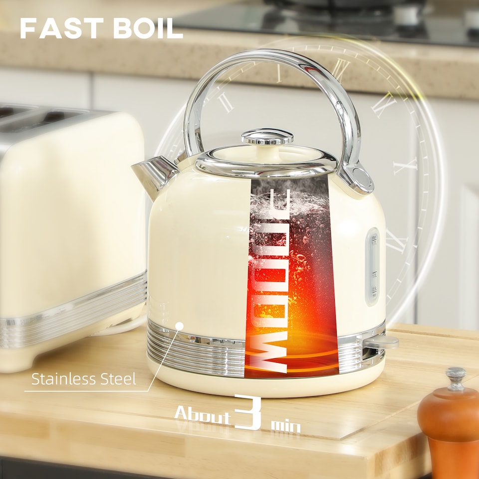 image 1 of HOMCOM Stainless Steel Kettle and Toaster Set, 1.7L 3000W Cordless Fast Boil Kettle, 4 Slice Toaster Kitchen Set with 7 Level Browning Controls, Defrost, Reheat and Crumb Tray, Cream White