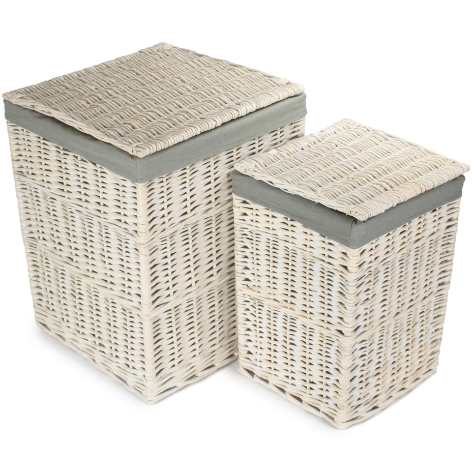 image 1 of Set of 2 Square White Wash Laundry Hamper with Grey Sage Lining | Grey | Grey