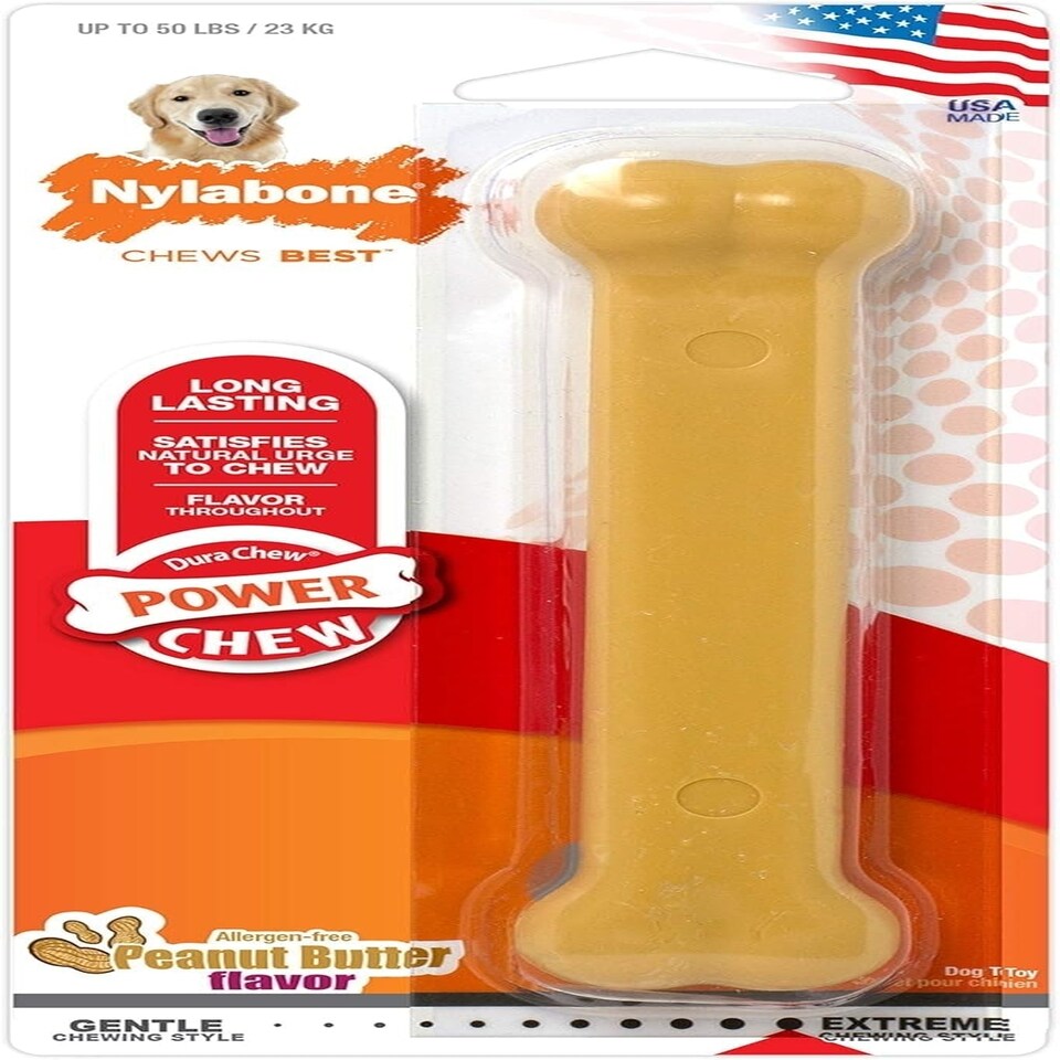 image 1 of Nylabone Dura Chew Extreme Tough Dog Chew Toy Bone, Allergen Free Peanut Butter Flavour, L, for Dogs Up to 23 kg