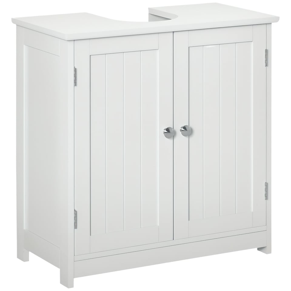 image 1 of kleankin 60x60cm Under-Sink Storage Cabinet w/ Adjustable Shelf Drain Hole White White | White
