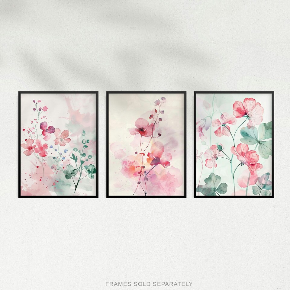 image 1 of Set of 3 Light Watercolour Geranium Flowers Living Room 12X16 Inch Wall Art Prints Pack