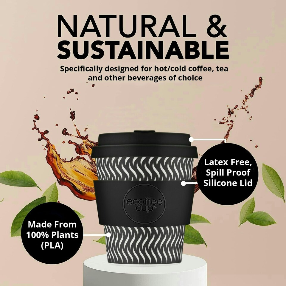 image 1 of Ecoffee Cup 8oz 240ml Reusable Eco-Friendly 100% Plant Based Coffee Cup with Silicone Lid & Sleeve - Melamine Free Travel Mug N/A | Spin Foam