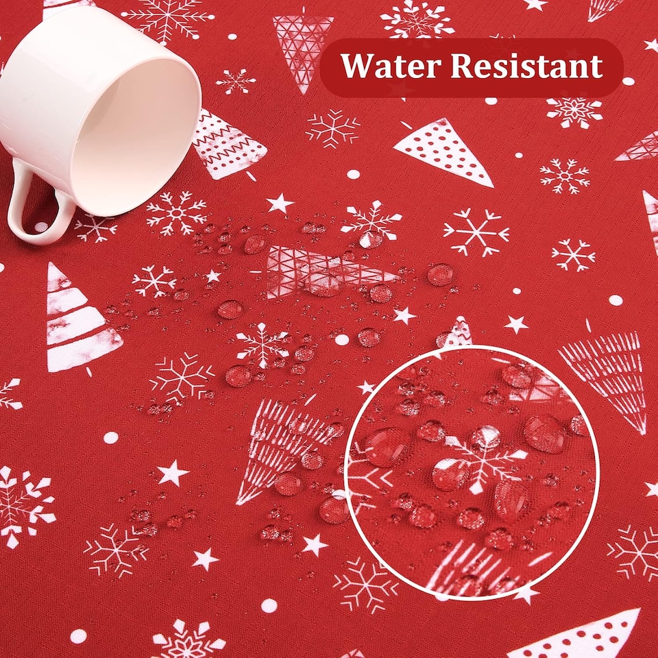 image 1 of London Boutique Christmas Tablecloth, Waterproof Wrinkle‑Free, Snowflake Tree and Reindeer Print, Red, 54 x 70 in