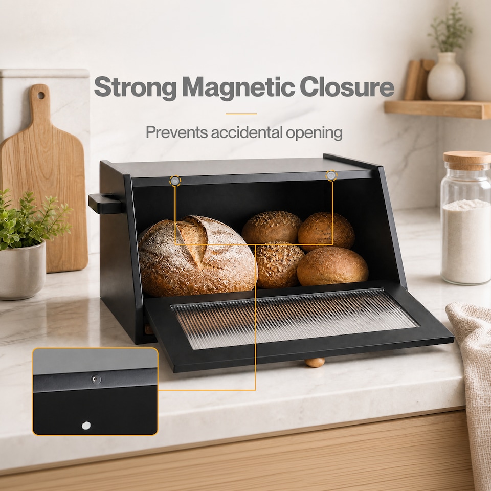 image 1 of TOQUE Bread Box, Wooden Bread Bin 2-Tier Bamboo Bread Storage Holder, Black