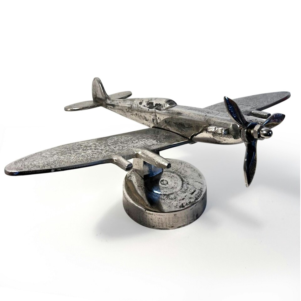 image 1 of Cast Aluminium Spitfire Model Plane display model on stand with distressed silver finish