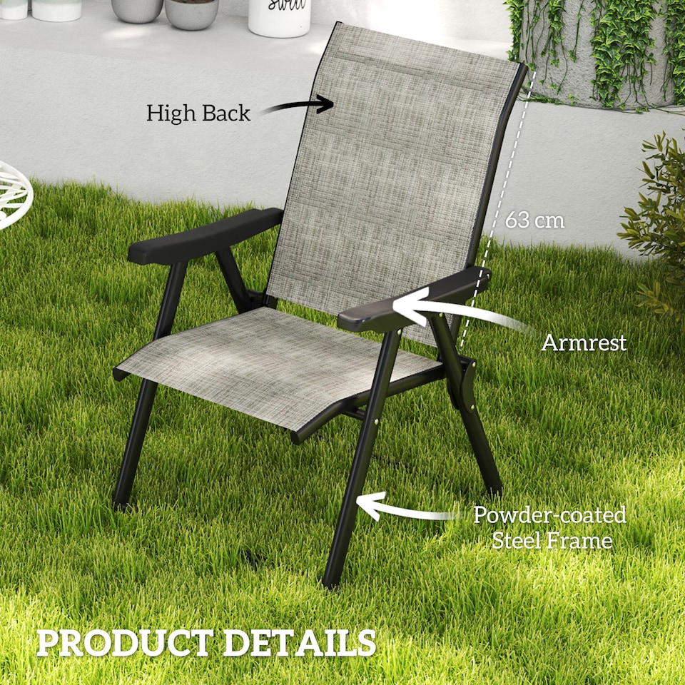 image 1 of Outsunny Garden Dining Chairs Set of 2, Folding Garden Chairs with All Weather Texteline Back and Seat, Outdoor Dining Chair with Armrests, Steel Frame for Terrace Balcony, Black and Grey