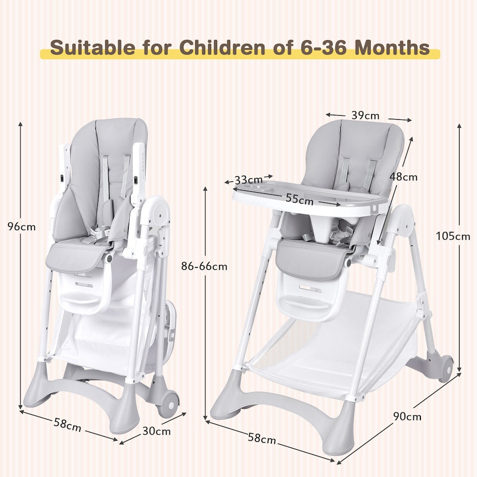 image 1 of COSTWAY Folding Baby High Chair Convertible Dining Chair Portable Highchair-Grey