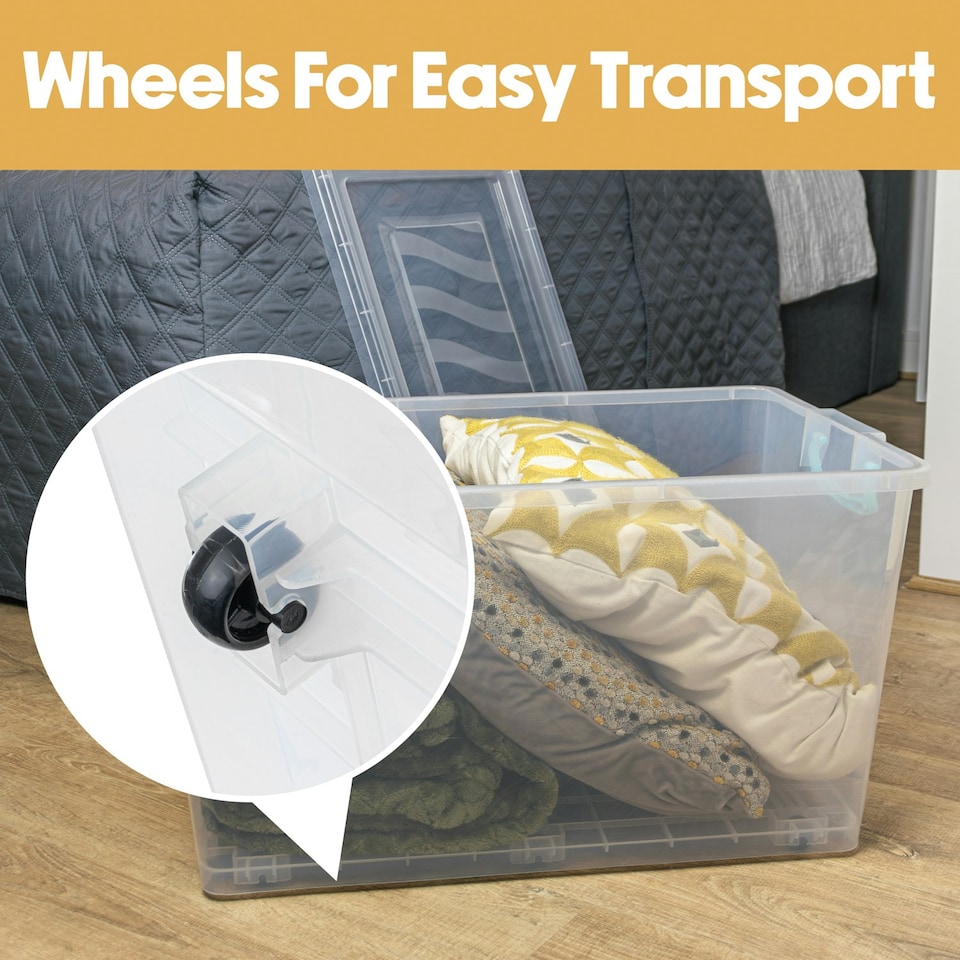 image 1 of JVL Plastic Clip Lidded Storage Box with Wheels, Stackable and Nestable, Clear, Set of 4, 50L Clear