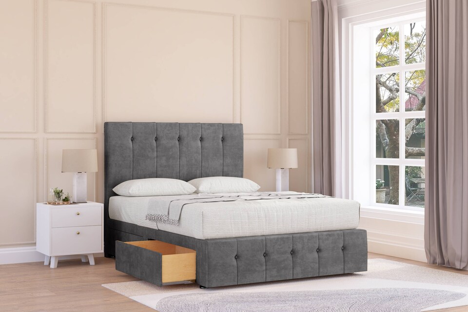 image 1 of Sloomy Cambridge Steel Plush Divan Bed Base No Drawers With 26 Inch Strutted Headboard & 12 Inch Matching Footboard | Grey | Steel | Double | 1