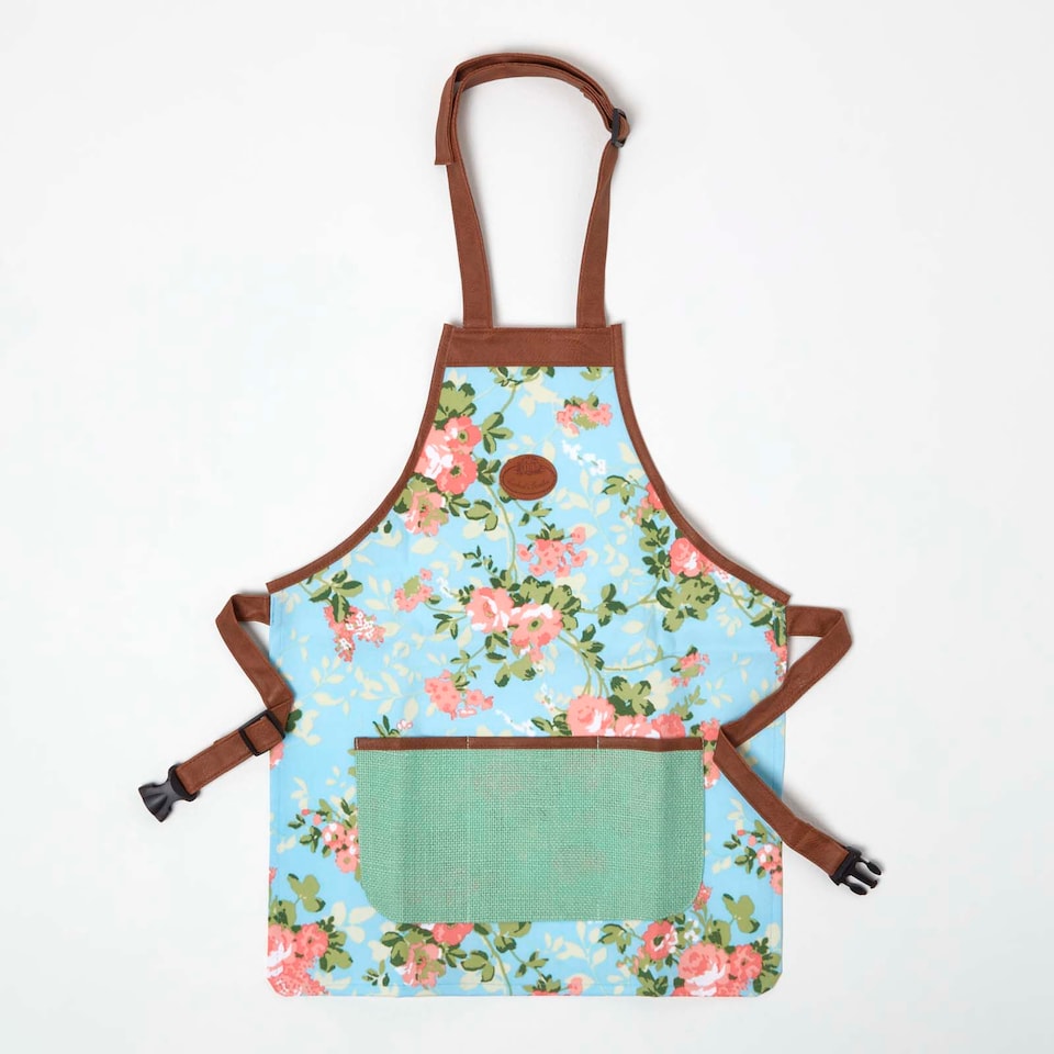 image 1 of Homescapes Blue and Pink Gardening Apron with Floral Rose Design