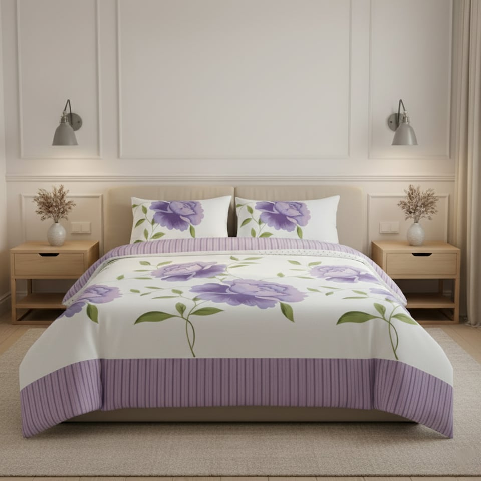 image 1 of Reversible Floral Duvet Set Elegant Flower Stripe Pattern Bedding for Home Decor | Purple | Lilac | King
