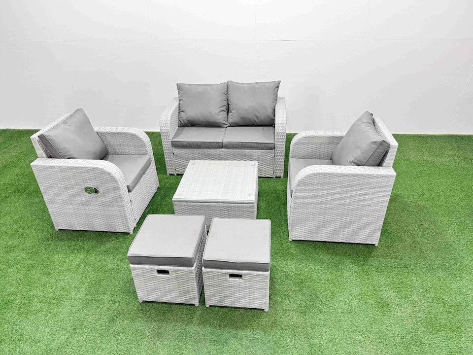 image 1 of Fimous Light Grey PE Wicker Rattan Garden Furniture Set Sofa Set Reclining Adjustable Chair Square Coffee Table 6 Seater 2 Small Stools