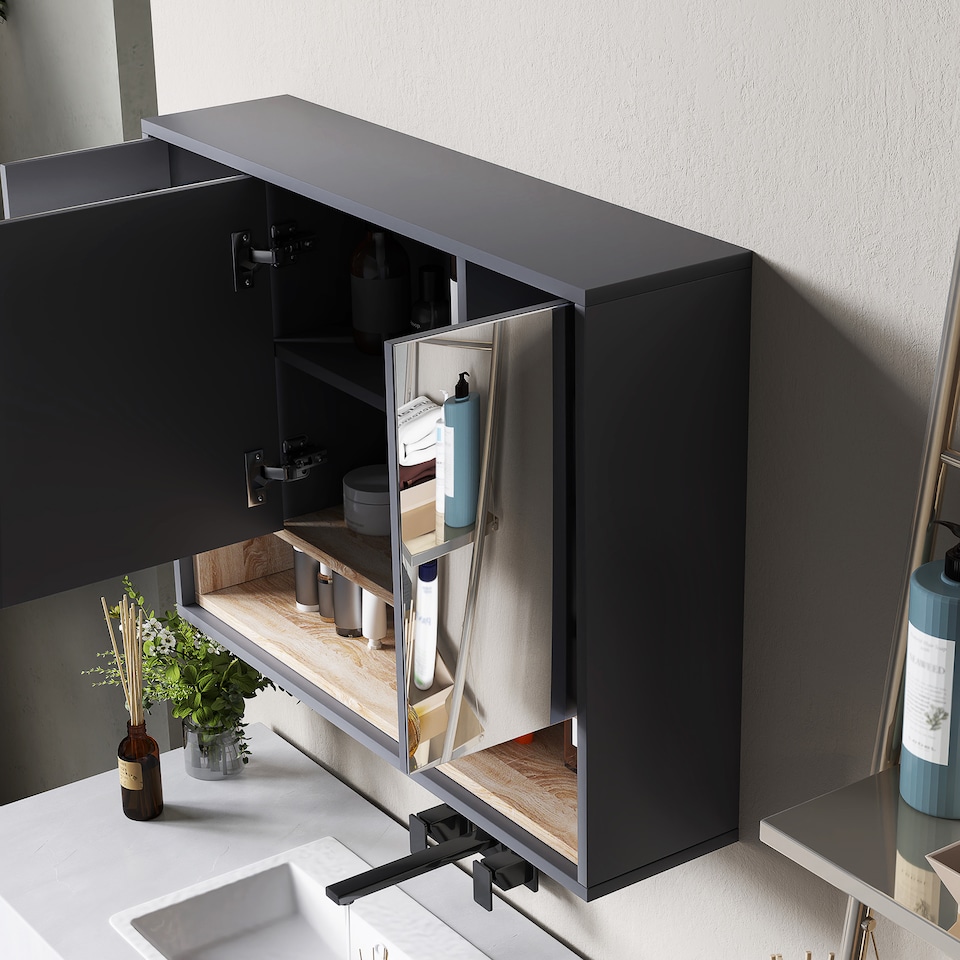 image 1 of HOMCOM Bathroom Mirror Cabinet, Wall Mounted Bathroom Cabinet with Mirror, 3 Doors and Cupboards, Grey | Grey | Grey