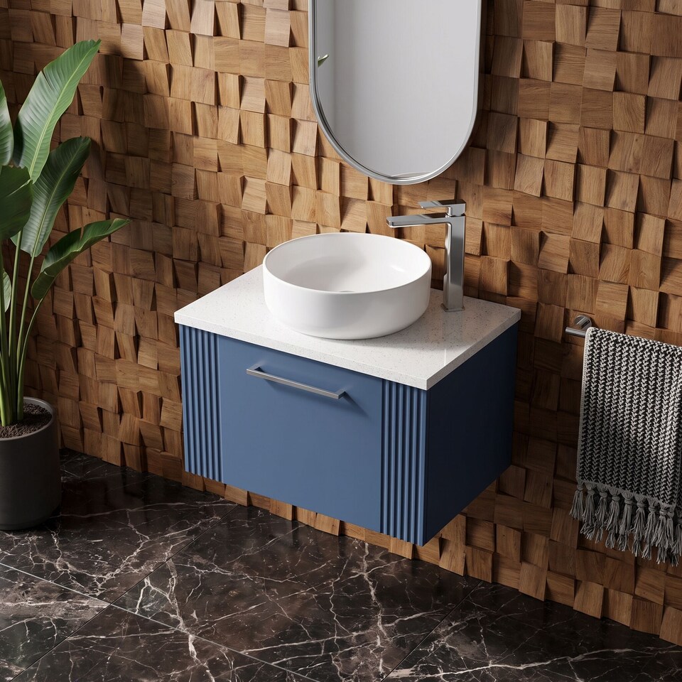 image 1 of Balterley Partial Fluted 1 Drawer Wall Hung Vanity Unit with Sparkling Laminate Worktop | Blue | Satin Blue
