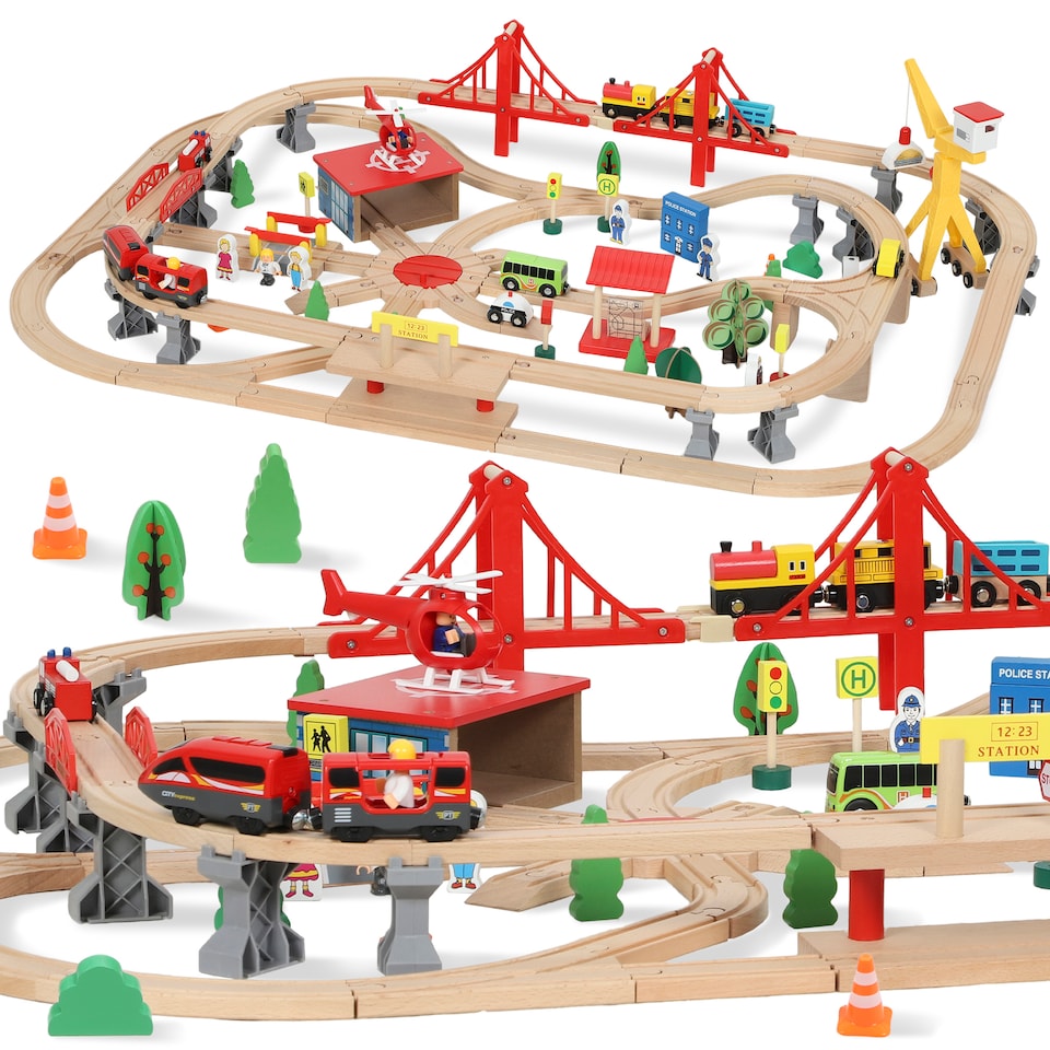 image 1 of AIYAPLAY Wooden Train Set, 133 Piece Train Track for Kids, Boys and Girls Ages 3+ Years Old, Wooden Magnetic Railway Toys with Crane, Storage Box