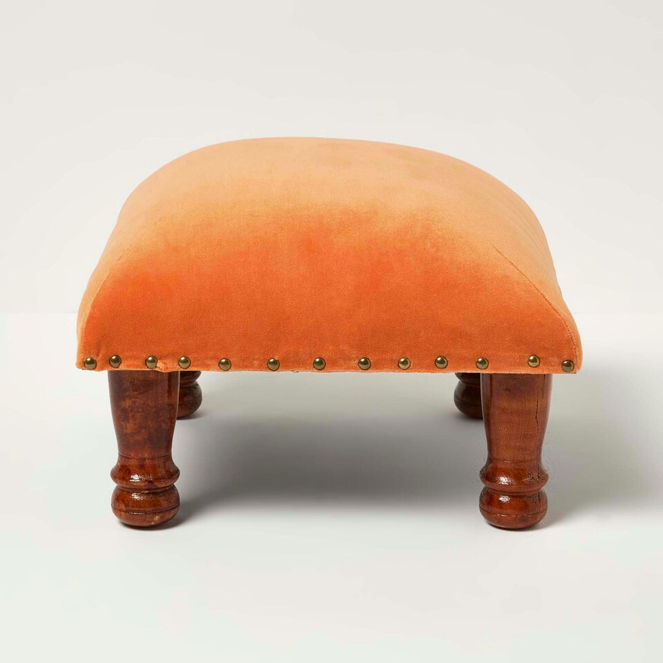 image 1 of Homescapes Mable Burnt Orange Velvet Square Footstool