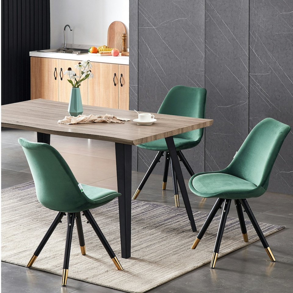 image 1 of Set of 6 Sofia Ergonomic Modern Dining Chairs Upholstered in Velvet, Metal Legs with Gold End Tips Green