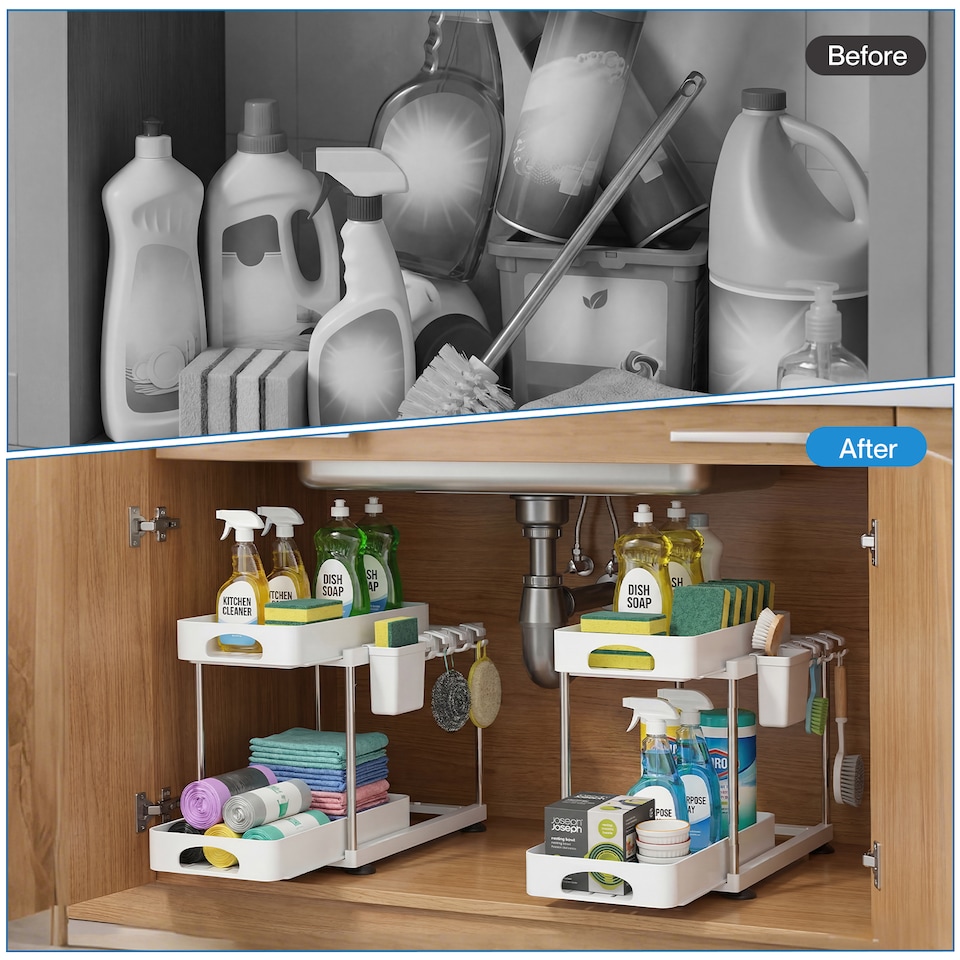 image 1 of Toque Under Sink Organiser Two Slide-Out Drawers Kitchen Storage 2pcs White