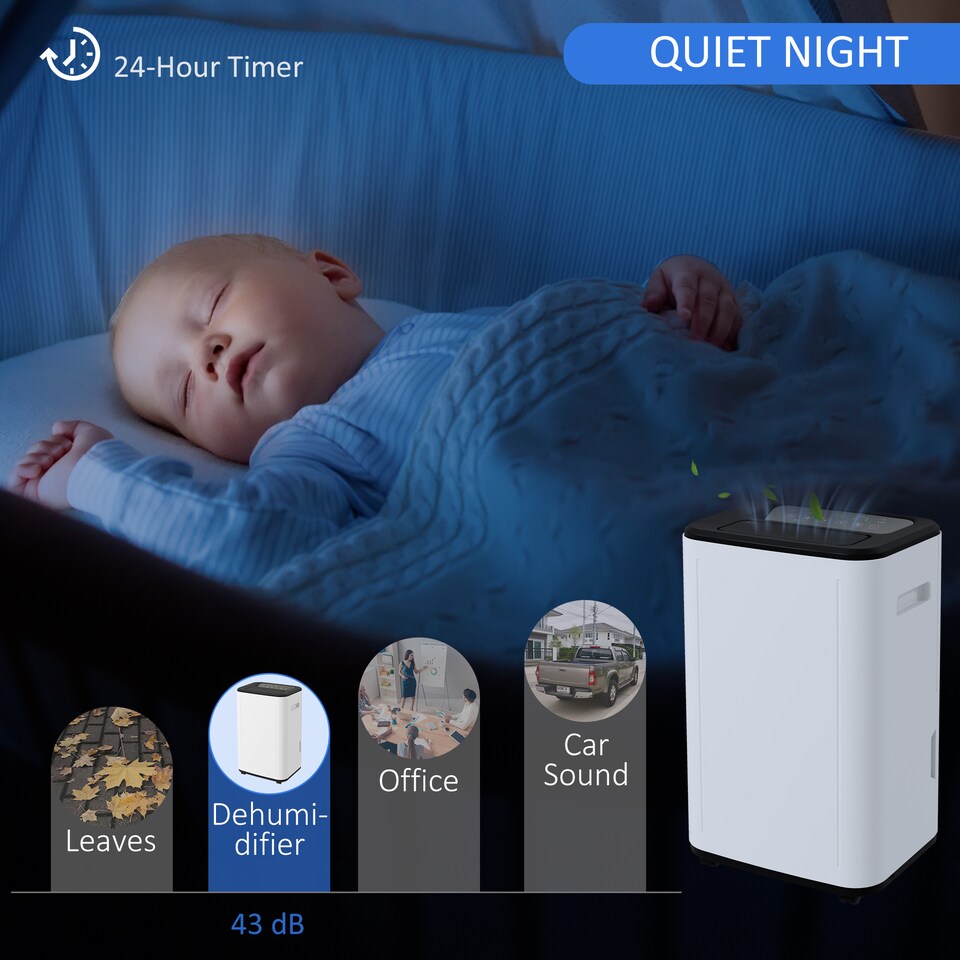 image 1 of HOMCOM 20L/Day 6L Dehumidifier, Portable Quiet Air Dehumidifier for Laundry