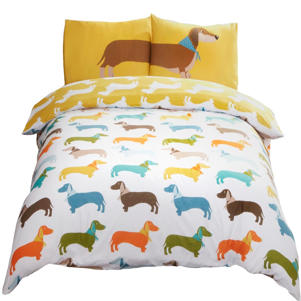 image 1 of Sausage Dog Polycotton Reversible Duvet Cover Set with Pillowcase Multi | King
