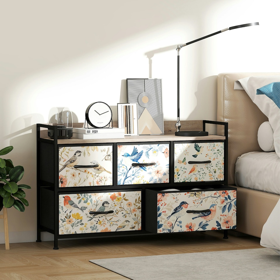 image 1 of HOMCOM 5-Drawer Chest of Drawers, Fabric Dresser, White | White | Black, Floral Pattern | One Size | 1