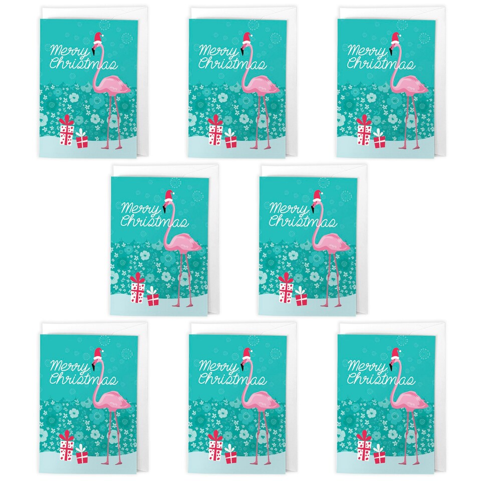 image 1 of Flamingo in Santa Hat Christmas Cards Set of 8 - A6 Size - Floral Snowflakes